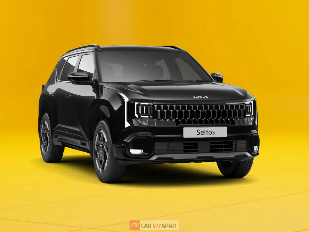 Front three-quarter view of a black Seltos GTX on a yellow background.